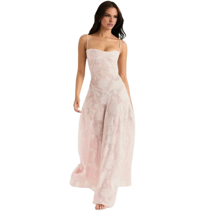 Women's Floral Jacquard A-Line Maxi Dress with Lace-Up Back - Maisie London