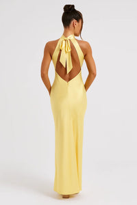 Women's Satin Halterneck Maxi Dress with Open Back and Side Split - Maisie London
