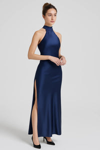 Women's Satin Halterneck Maxi Dress with Open Back and Side Split - Maisie London