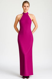 Women's Satin Halterneck Maxi Dress with Open Back and Side Split - Maisie London