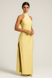 Women's Satin Halterneck Maxi Dress with Open Back and Side Split - Maisie London