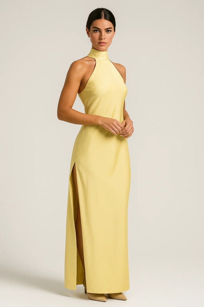 Women's Satin Halterneck Maxi Dress with Open Back and Side Split - Maisie London