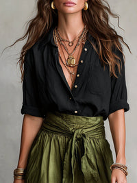 Women's Black Green Linen-Look Maxi Skirt Set with Tie Belt - Maisie London