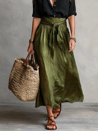 Women's Black Green Linen-Look Maxi Skirt Set with Tie Belt - Maisie London