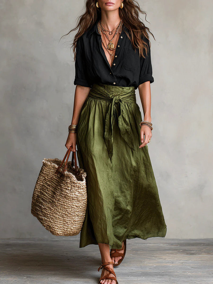 Women's Black Green Linen-Look Maxi Skirt Set with Tie Belt - Maisie London