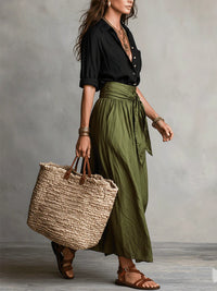 Women's Black Green Linen-Look Maxi Skirt Set with Tie Belt - Maisie London