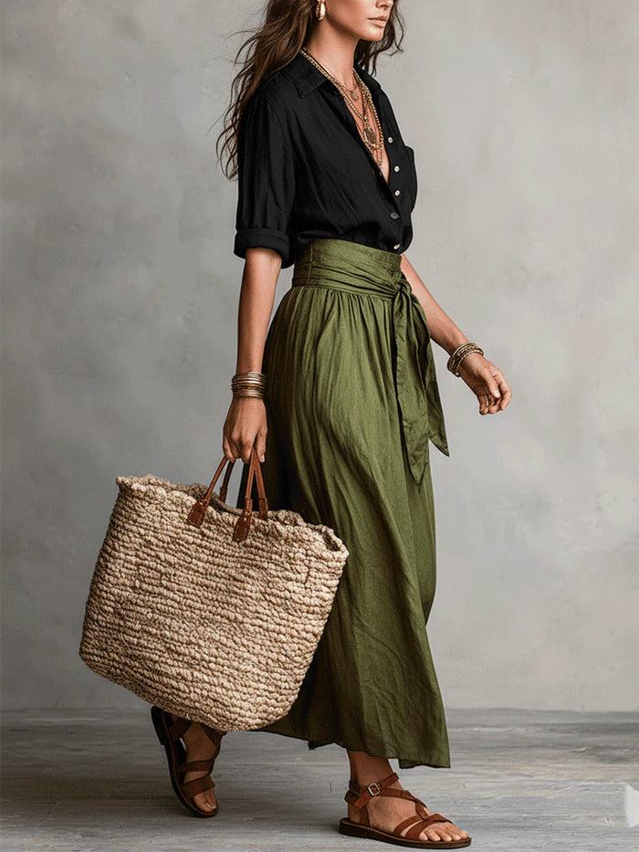 Women's Black Green Linen-Look Maxi Skirt Set with Tie Belt - Maisie London