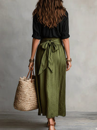 Women's Black Green Linen-Look Maxi Skirt Set with Tie Belt - Maisie London