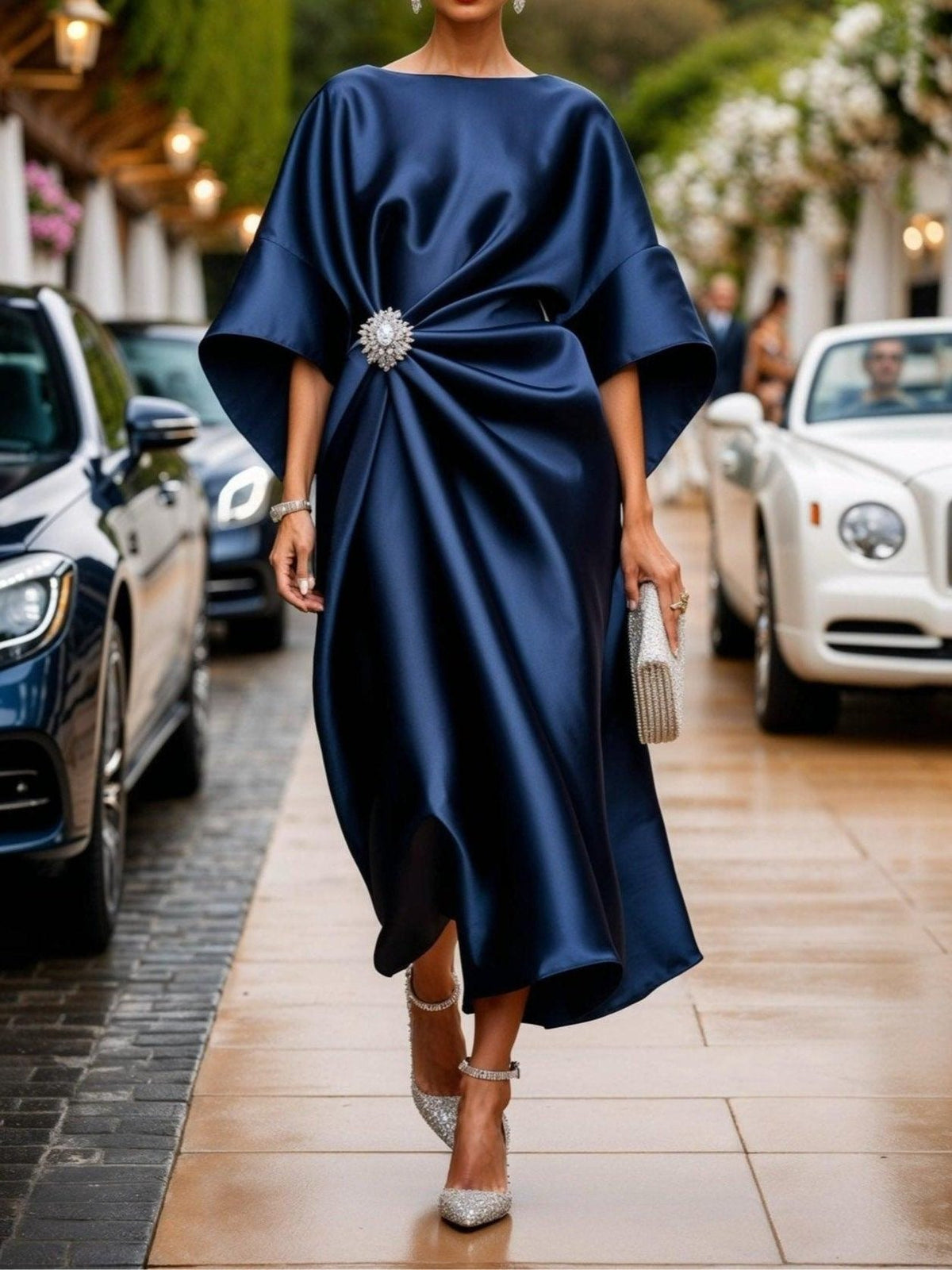 Women's Satin Midi Dress with Kimono Sleeves and Brooch Waist - Maisie London