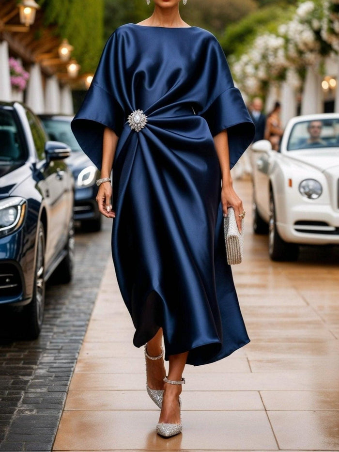 Women's Satin Midi Dress with Kimono Sleeves and Brooch Waist - Maisie London