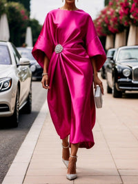Women's Satin Midi Dress with Kimono Sleeves and Brooch Waist - Maisie London