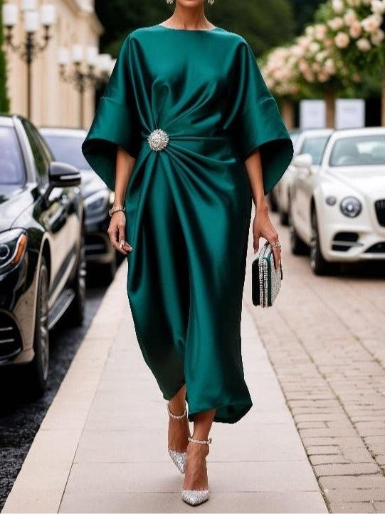Women's Satin Midi Dress with Kimono Sleeves and Brooch Waist - Maisie London