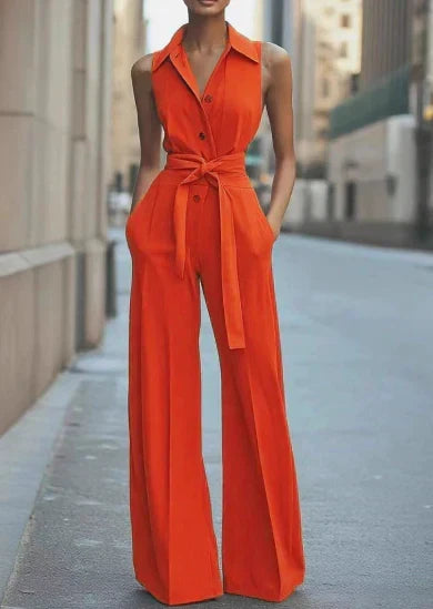 Women's Sleeveless Wide-Leg Jumpsuit with Collar and Tie Waist - Maisie London