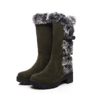 Women's Faux Suede Mid-Calf Snow Boots with Faux Fur Trim and Buckles - Maisie London