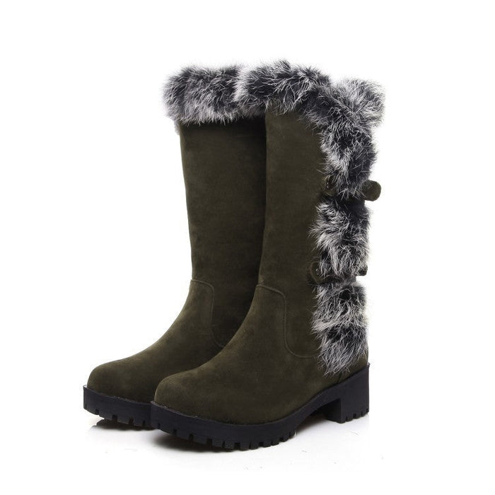 Women's Faux Suede Mid-Calf Snow Boots with Faux Fur Trim and Buckles - Maisie London