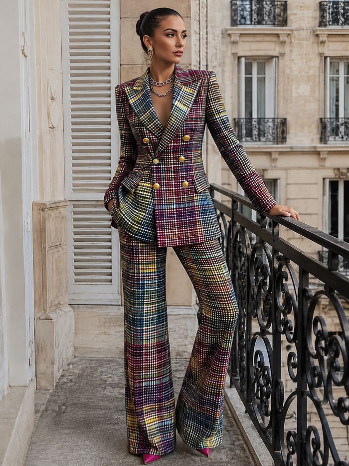 Women's Multicolour Check Blazer and Flared Trouser Co-ord Set - Maisie London