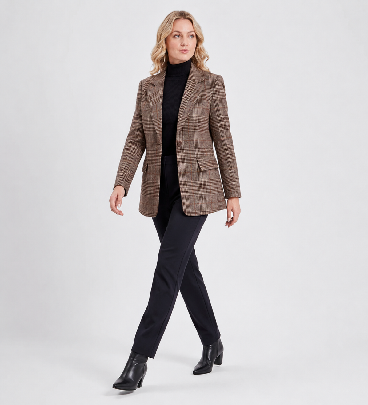 Women's Brown Check Longline Blazer with Lapels and Flap Pockets - Maisie London