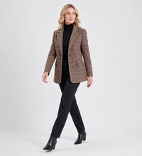 Women's Brown Check Longline Blazer with Lapels and Flap Pockets - Maisie London
