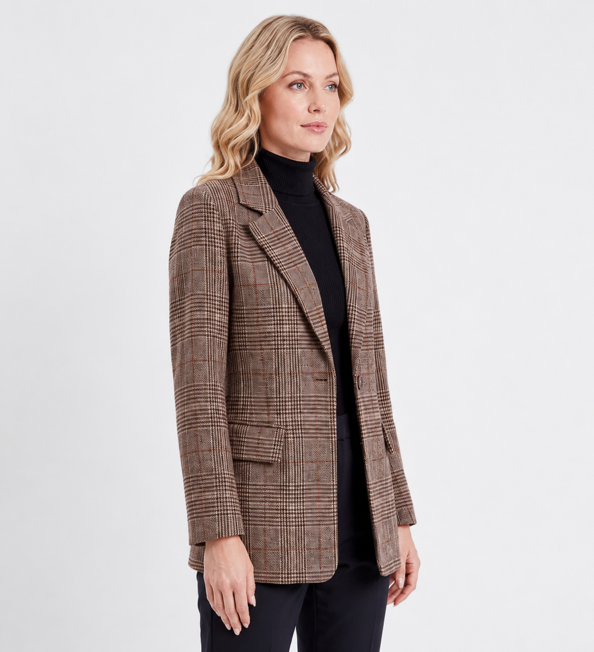 Women's Brown Check Longline Blazer with Lapels and Flap Pockets - Maisie London