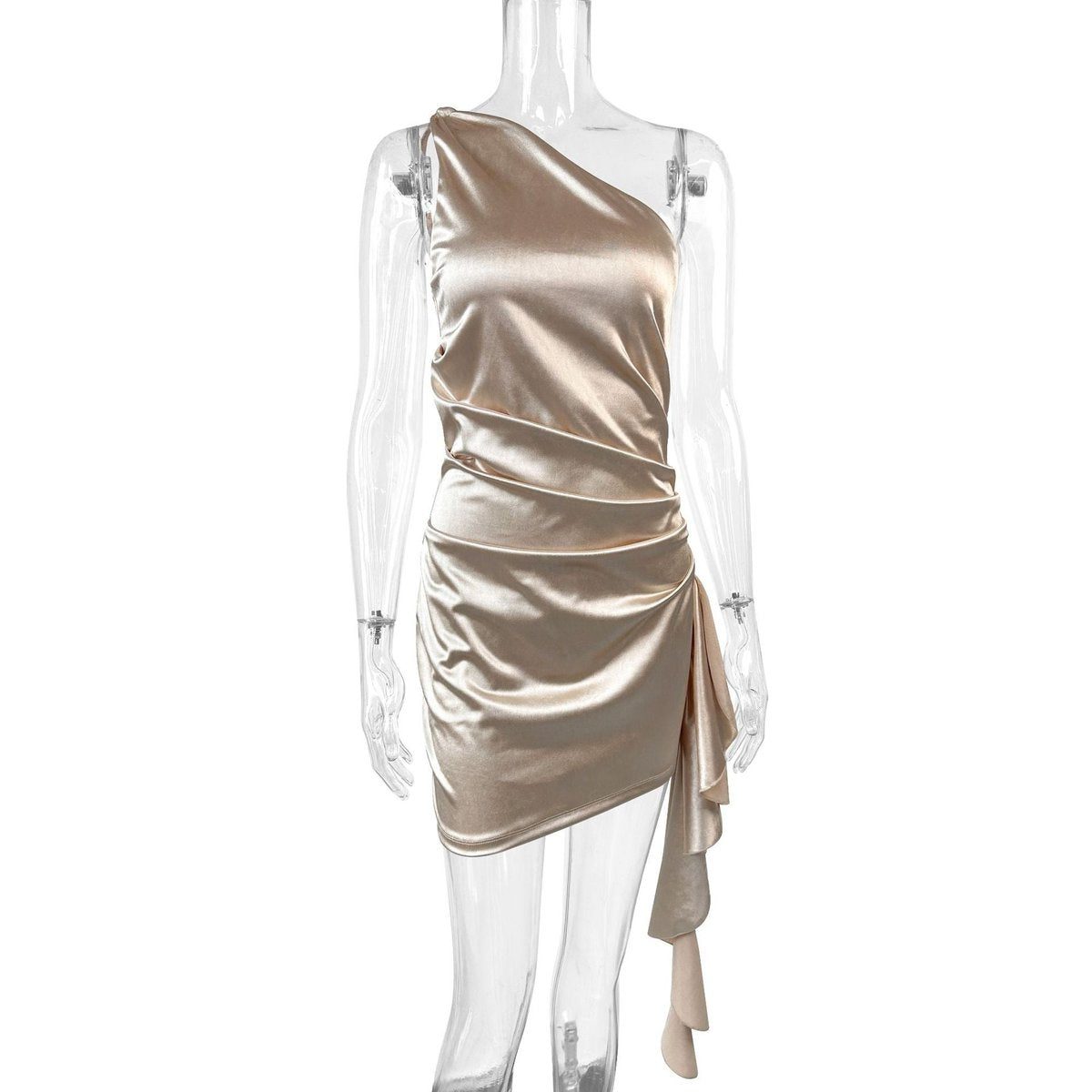 Women's Apricot Satin One-Shoulder Mini Dress with Draped Waist - Maisie London