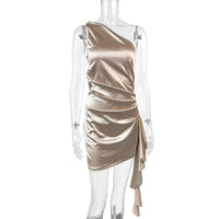 Women's Apricot Satin One-Shoulder Mini Dress with Draped Waist - Maisie London