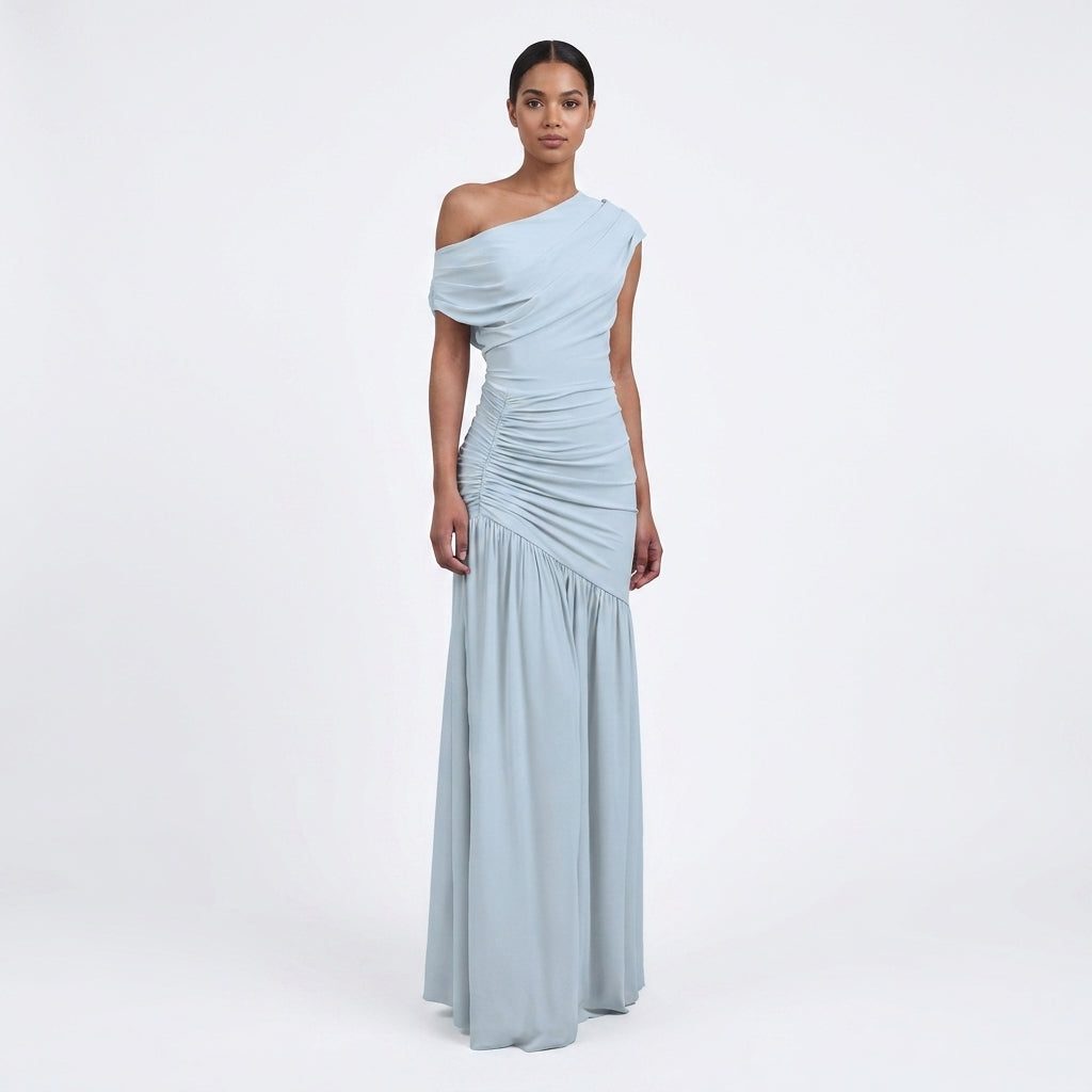 Women's Light Blue One-Shoulder Maxi Dress with Ruched Waist - Maisie London