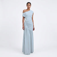 Women's Light Blue One-Shoulder Maxi Dress with Ruched Waist - Maisie London