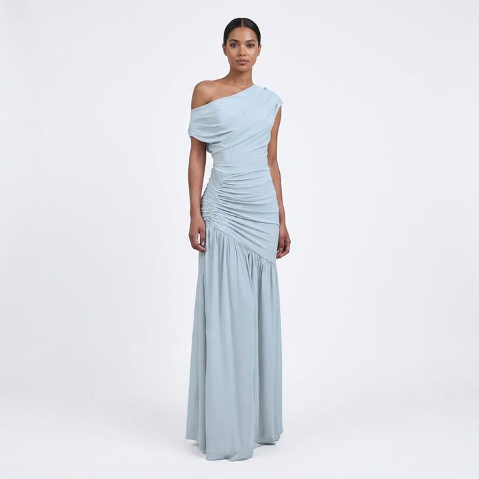 Women's Light Blue One-Shoulder Maxi Dress with Ruched Waist - Maisie London
