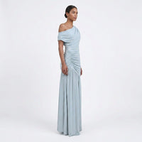 Women's Light Blue One-Shoulder Maxi Dress with Ruched Waist - Maisie London