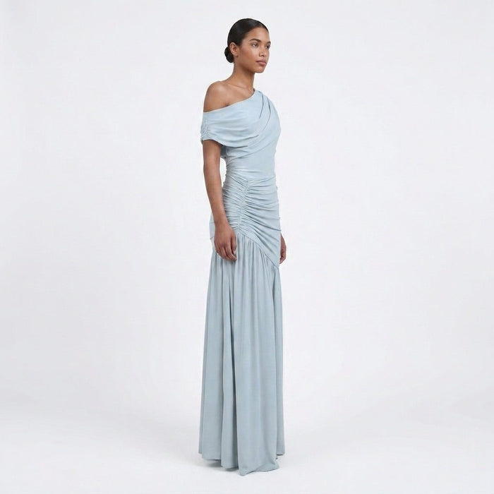 Women's Light Blue One-Shoulder Maxi Dress with Ruched Waist - Maisie London