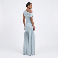 Women's Light Blue One-Shoulder Maxi Dress with Ruched Waist - Maisie London