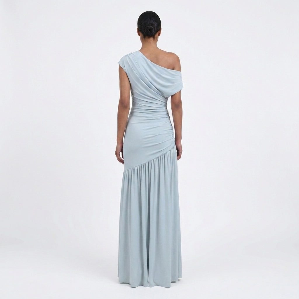 Women's Light Blue One-Shoulder Maxi Dress with Ruched Waist - Maisie London