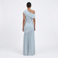 Women's Light Blue One-Shoulder Maxi Dress with Ruched Waist - Maisie London