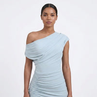 Women's Light Blue One-Shoulder Maxi Dress with Ruched Waist - Maisie London