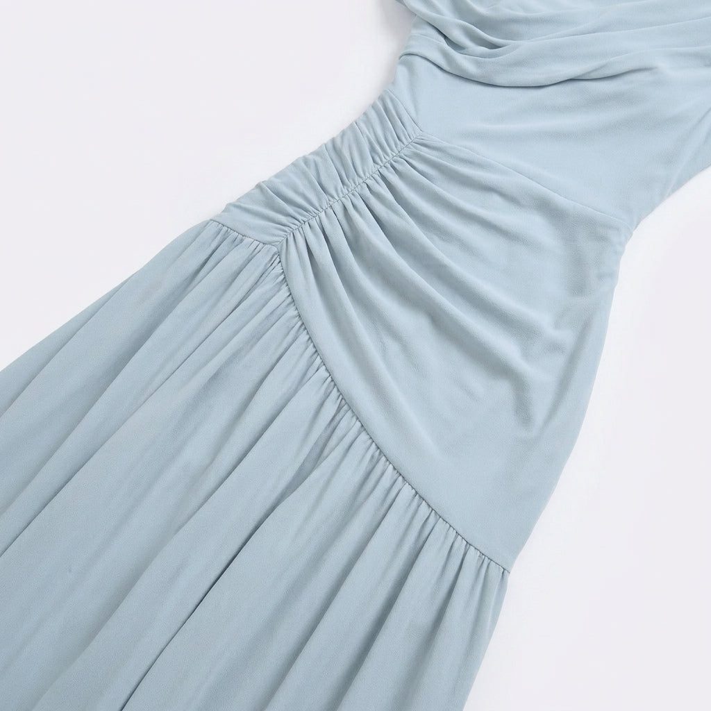 Women's Light Blue One-Shoulder Maxi Dress with Ruched Waist - Maisie London