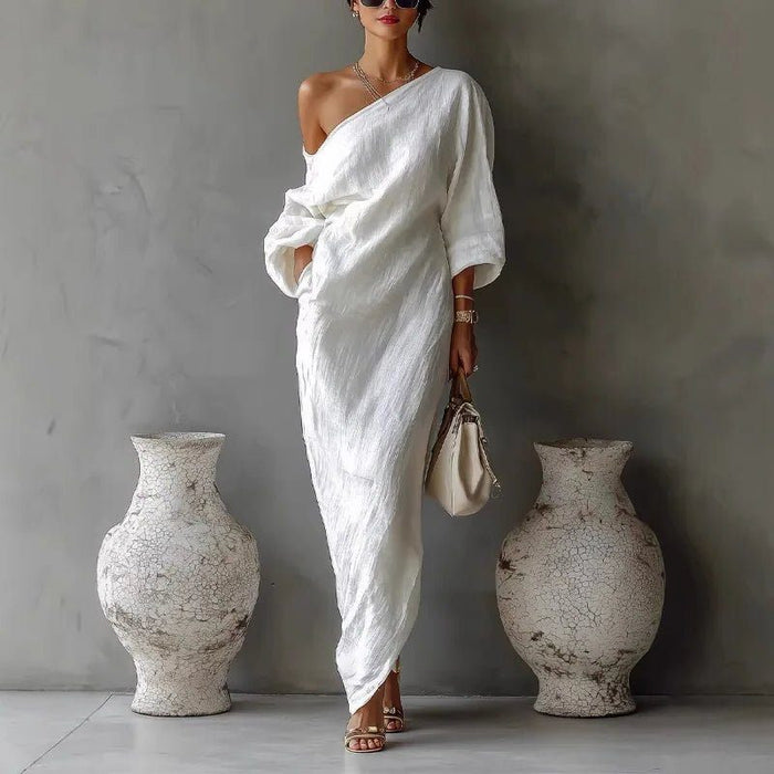 Women's Linen-Look One-Shoulder Maxi Dress with Batwing Sleeves - Maisie London