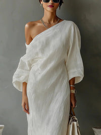 Women's Linen-Look One-Shoulder Maxi Dress with Batwing Sleeves - Maisie London