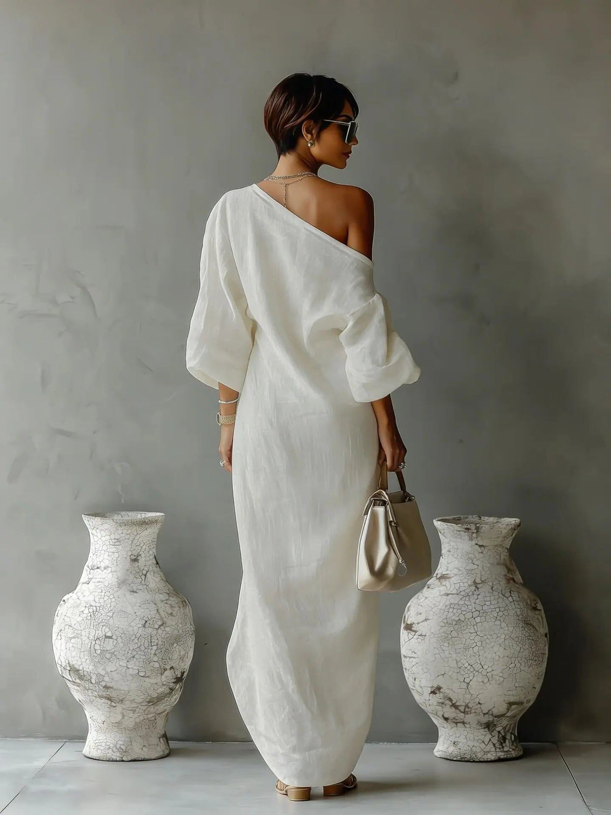 Women's Linen-Look One-Shoulder Maxi Dress with Batwing Sleeves - Maisie London