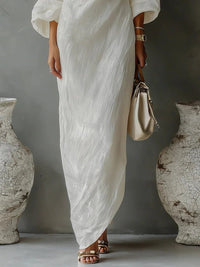 Women's Linen-Look One-Shoulder Maxi Dress with Batwing Sleeves - Maisie London