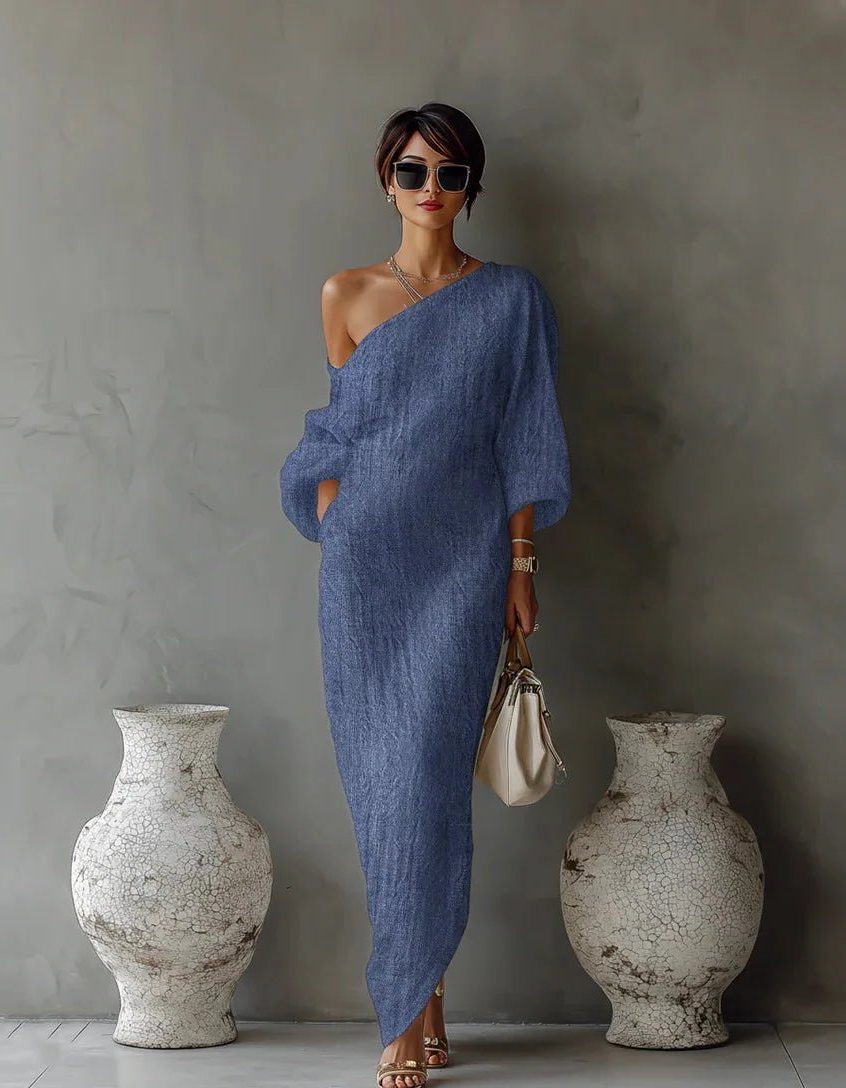 Women's Linen-Look One-Shoulder Maxi Dress with Batwing Sleeves - Maisie London