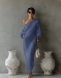Women's Linen-Look One-Shoulder Maxi Dress with Batwing Sleeves - Maisie London