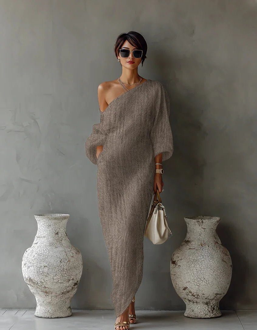Women's Linen-Look One-Shoulder Maxi Dress with Batwing Sleeves - Maisie London