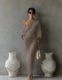 Women's Linen-Look One-Shoulder Maxi Dress with Batwing Sleeves - Maisie London