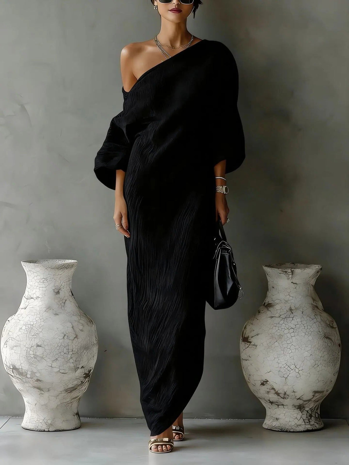 Women's Linen-Look One-Shoulder Maxi Dress with Batwing Sleeves - Maisie London