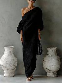 Women's Linen-Look One-Shoulder Maxi Dress with Batwing Sleeves - Maisie London