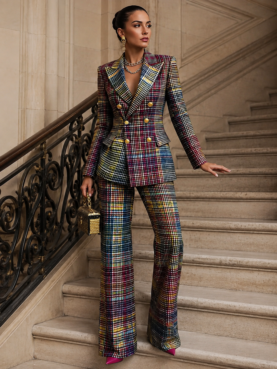 Women's Multicolour Check Blazer and Flared Trouser Co-ord Set - Maisie London
