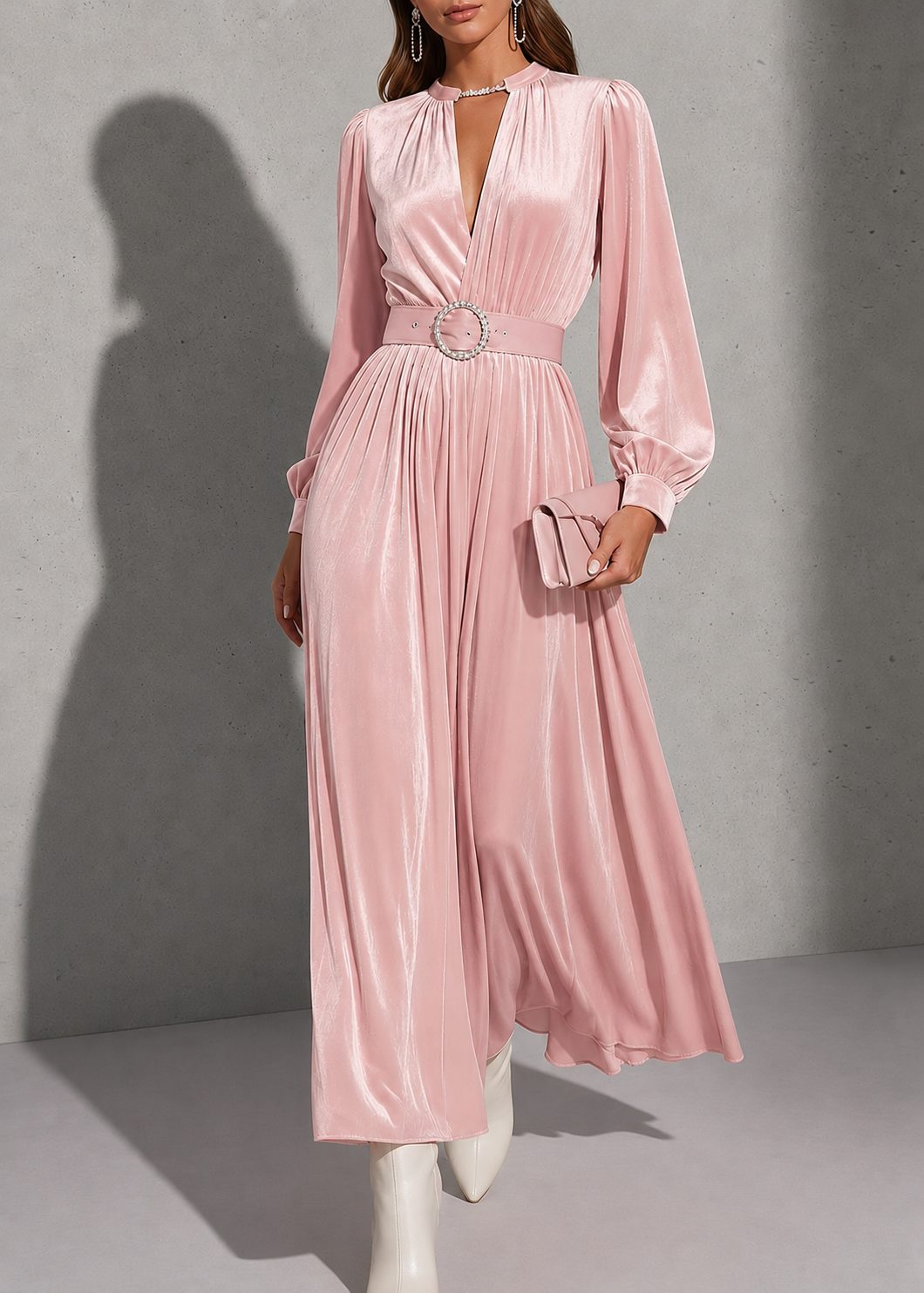 Women's Pink Velvet Maxi Dress with Keyhole Neck and Belted Waist - Maisie London