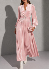 Women's Pink Velvet Maxi Dress with Keyhole Neck and Belted Waist - Maisie London