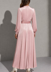 Women's Pink Velvet Maxi Dress with Keyhole Neck and Belted Waist - Maisie London
