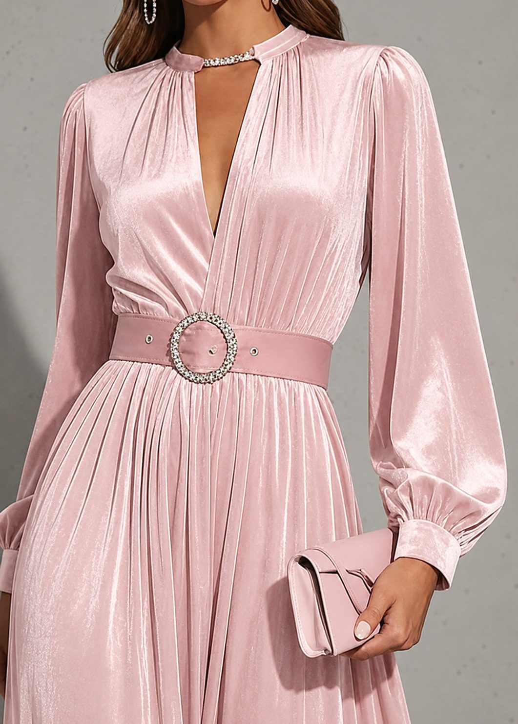Women's Pink Velvet Maxi Dress with Keyhole Neck and Belted Waist - Maisie London